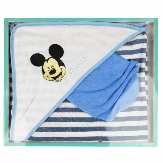 DISNEY coffret cadeau bébé lot cape de bain + gant MICKEY bleu blanc neuf