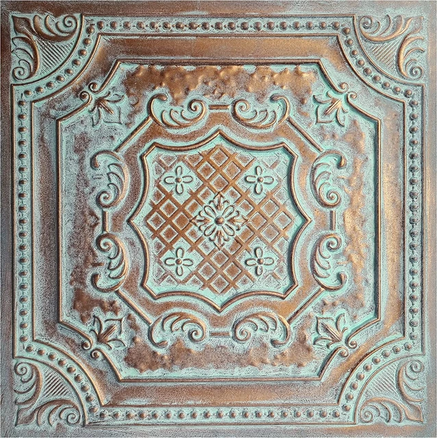 TD04 Weathered Copper Faux Tin Glue Up, Drop in Ceiling Tile , Pack of 10 , Cove