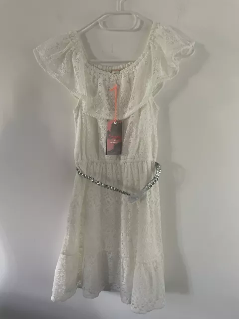 Girls Storm By Monsoon White Lace Off the Shoulder Summer Flowy Dress Size 9/10