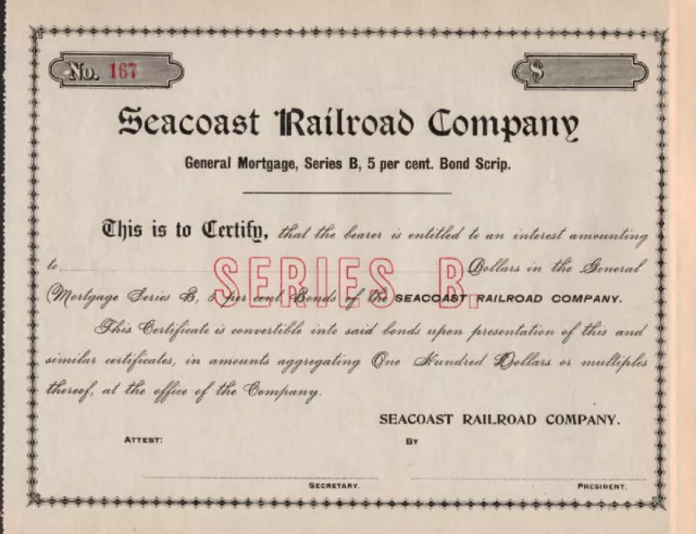 Seacoast Railroad Company - Original Stock Certificate -Unused - #167