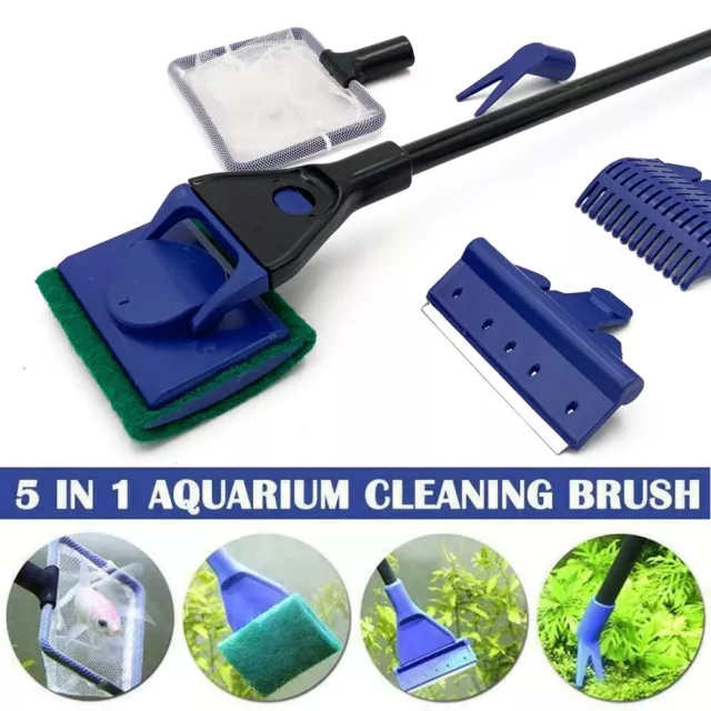 5 in 1 Aquarium Tank Cleaning Set Fish Net Gravel Rake Algae Scraper Fork Sponge