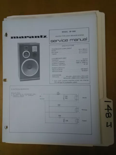 Marantz SP-1500 Serviceanleitung Original Reparatur Buch Stereo Lautsprecher 4 Seiten