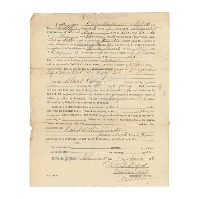 1863 Civil War Soldier Discharge Certificate & Pay Statement — 7th Ohio Infantry 1863 Civil War Soldier Discharge Certificate & Pay Statement — 7th Ohio Infantry