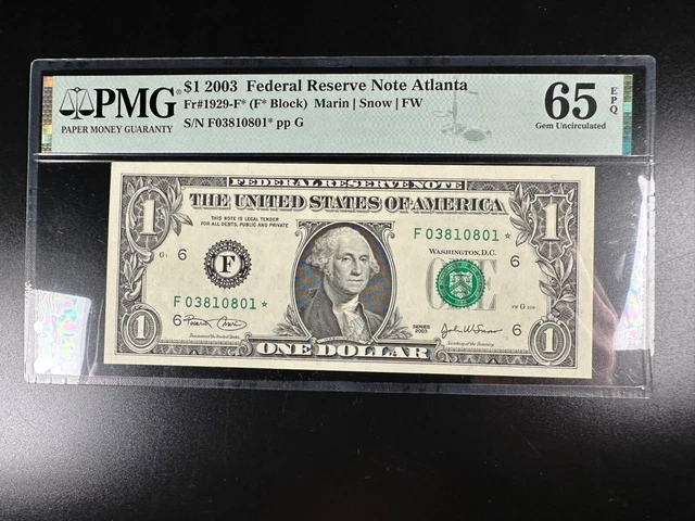 Unique SN 03810801 Gem Graded PMG 65 EPQ Star Federal Reserve Note fr 1929-f*