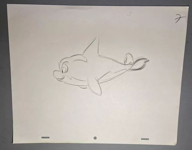 Original 1990s Disney Animation Drawing Sketch Art Little Mermaid DOLPHIN Rare!