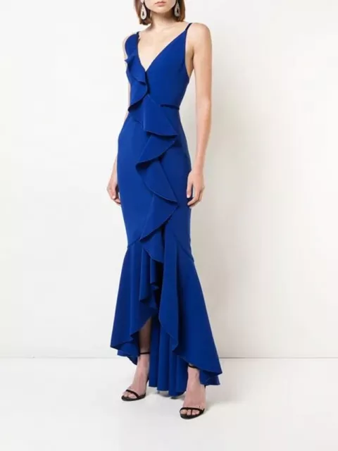 Marchesa Notte Velvet-trimmed Ruffled Cady Gown in Royal Blue Size 6