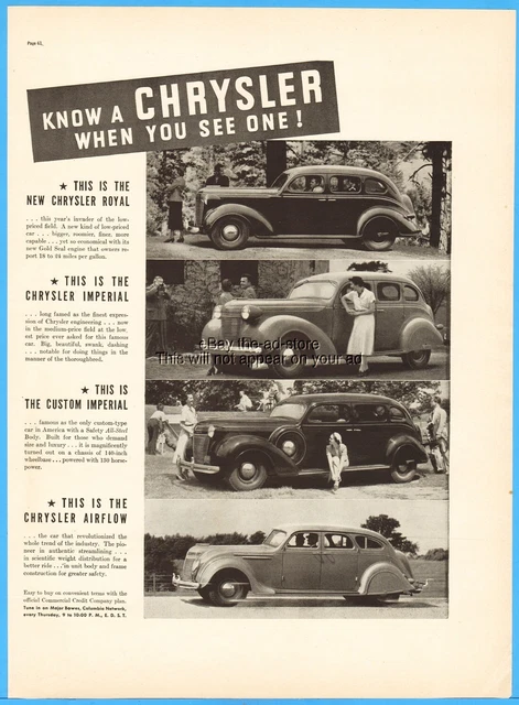 1937 Chrysler Royal Custom Imperial Airflow Sedans Vintage Automobile Photo Ad