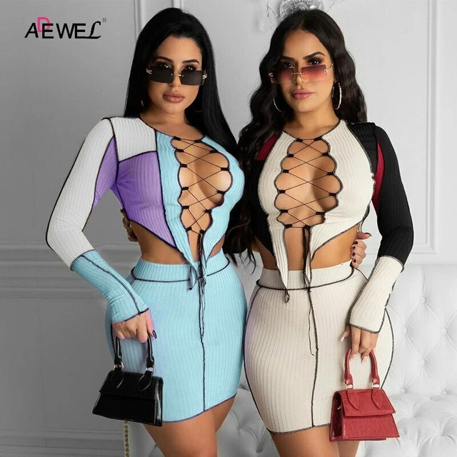 ADEWEL Women Color Contrast Two Piece Set Spring Sexy Hallow Out T-shirt + Mini