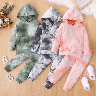 Toddler Kids Baby Girl Clothes Long Sleeve Hooded Tops Tie -dye Trousers Outfits
