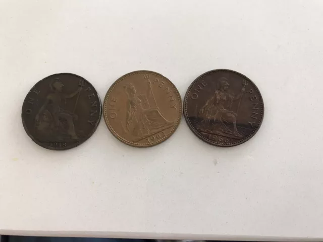 LOT OF 3 British Bronze Large Penny 1918 George V, 1960 & 1962 Elizabeth II