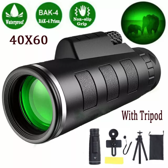 For Cell Phone 40X60 Zoom HD Monocular Telescope Night Vision + Tripod + Clip