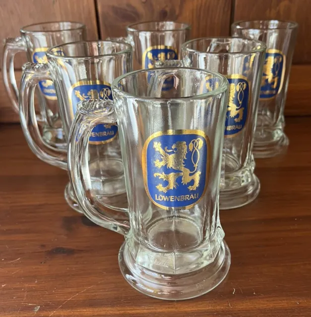 Set Of 6 Munich Lowenbrau 6" Glass Beer Stein Mugs - 12 fl oz - Great Condition