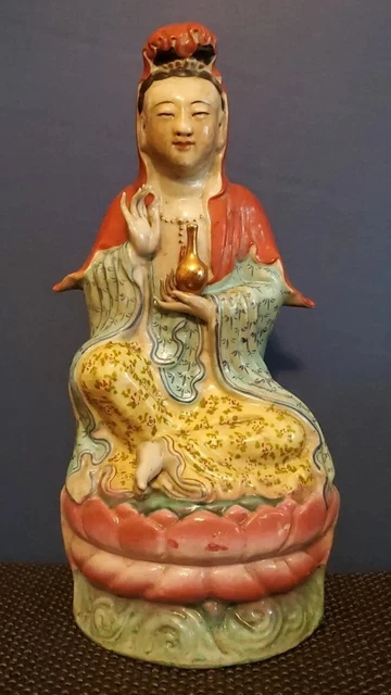 Antique Chinese Signed Famille Rose Porcelain Figurine Guan Yin Goddess of Mercy
