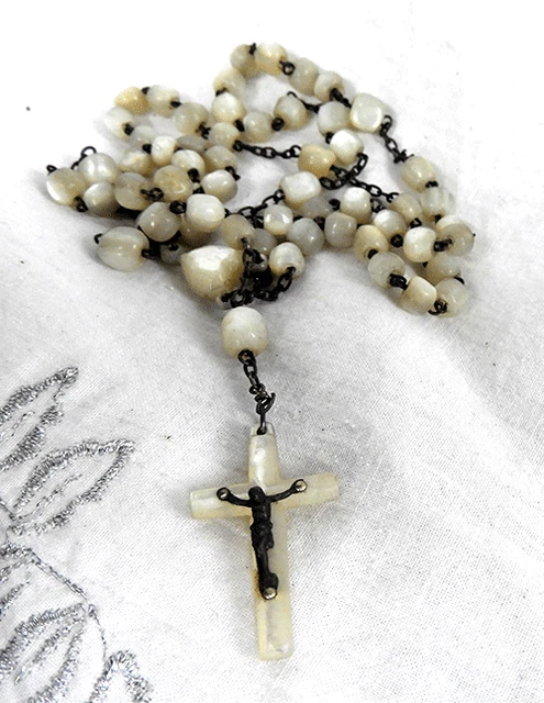 Antique Mother of Pearl and Silver Rosary - Set of Rosary Beads c 1920s