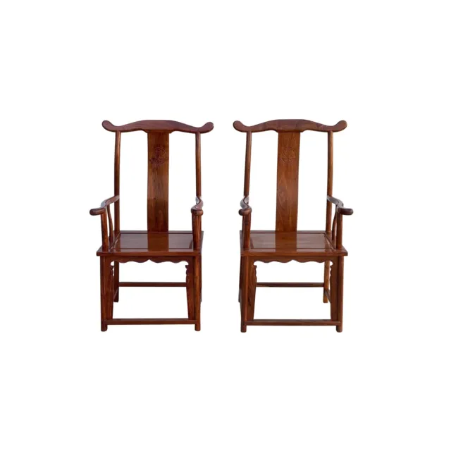 Pair Chinese Natural Wood Copper Brown Stain Yoke-Back Armchairs cs7833