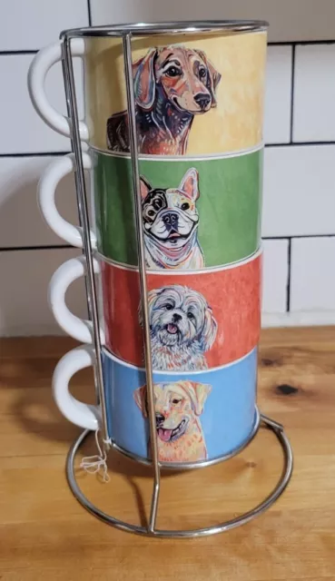 Pier 1 Stack-able Dog Mugs with Holder Collectible Puppy Multi Color Coffee Cups