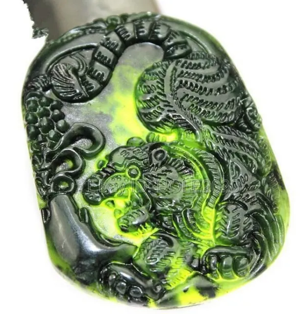 Natural Black Green Jade Carved Chinese Tiger Lucky Pendant Necklace Jewelry