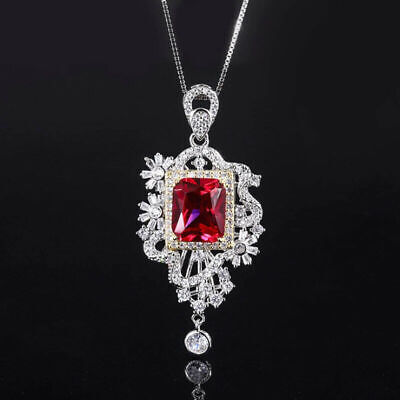 2.50Ct Emerald Cut Red Ruby & Diamond Halo Lab Created Pendant 14K White Gold FN