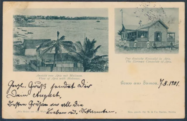 Samoa 5 Pfennig Yacht EF AK Gruss aus Samoa 1901 Apia nach Kiel Attest (S20944c)