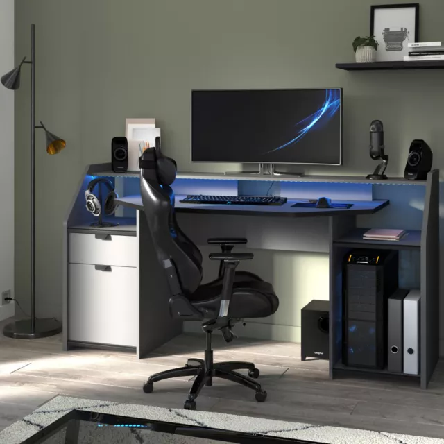 Grey Gaming Desk, Setup Wooden Large Desk with Storage Shelves