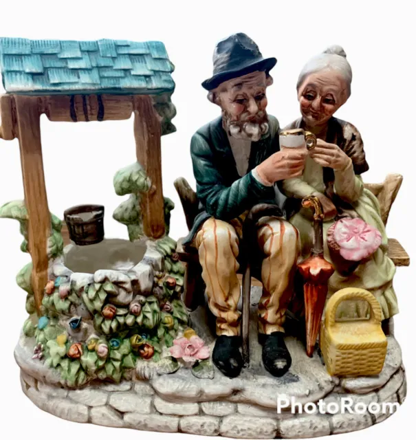 1950's Vintage Norleans Japan Ceramic Elderly Couple By A Well Figurine