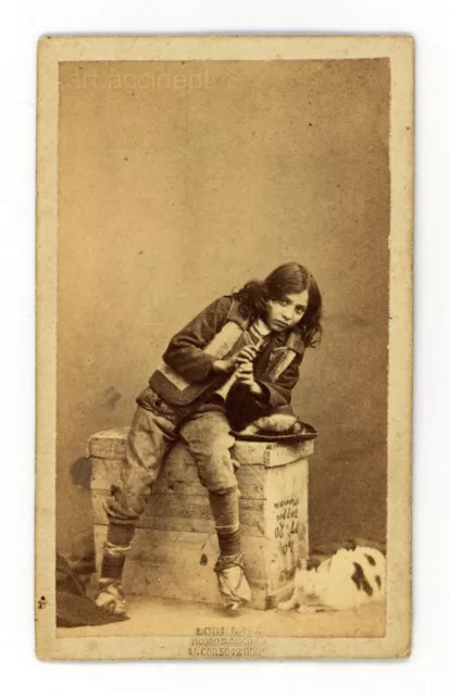 CDV - CIOCIARINO & CAT Original Antique Found Photo 1860s Italy Roma Young Boy