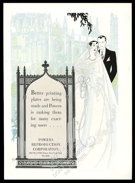 1932 bride wedding dress gown elegant Carl Becker art Powers vintage print ad