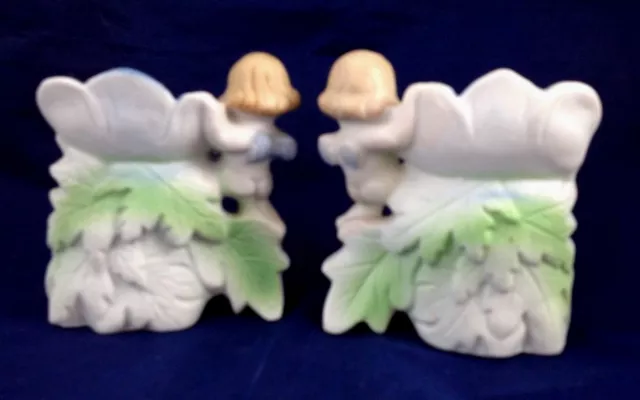 2 vtg JAPAN bisque Cherub & Blue Flower 4" Vases w gold Desk dresser organizers 2