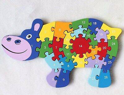 3D Puzzle Legno Forma Ippopotamo Educativo Lettere Numeri Bambini Imparare dfh 