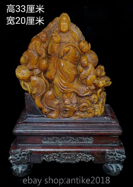 13.2" Old Chinese Tianhuang Shoushan Stone Carved Buddhism Guan Yin Boy Statue