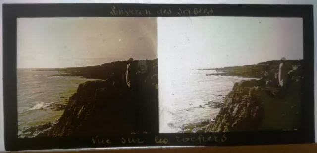 zc27 positive stereo glass plate BE circa 1920 Sables d'Olonne beach rocks