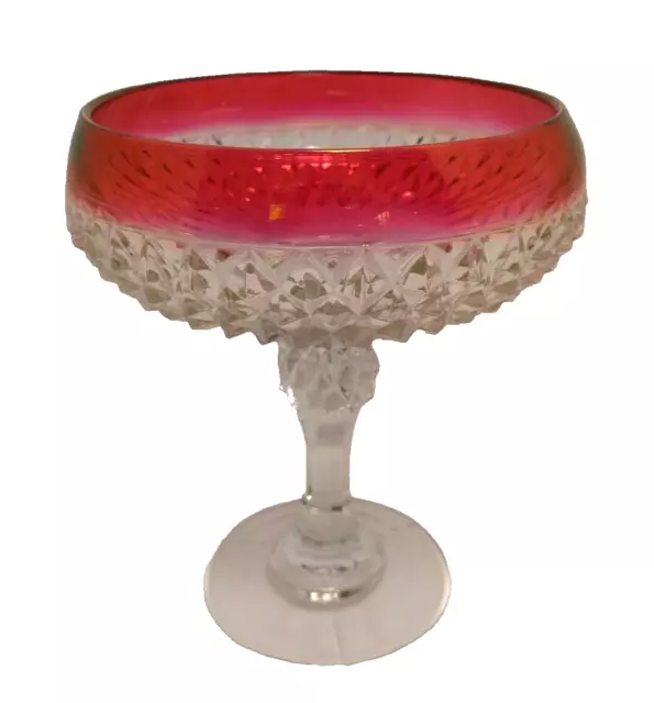 Vintage Glass Compote Diamond Point Pattern And Ruby Red Rim Candy Dish Holiday