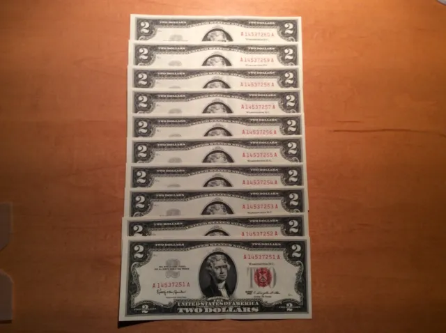 1963 Lot Ten Consecutive $2 Dollar Bills Red Seal Very Crisp Almost Uncirculated