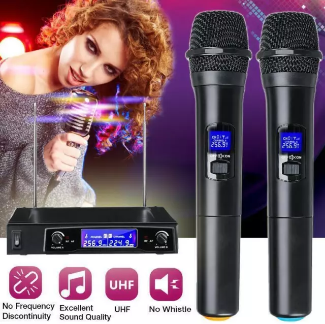 Professional Wireless Microphone Mic System UHF 2 Channel Dual Handheld Karaoke