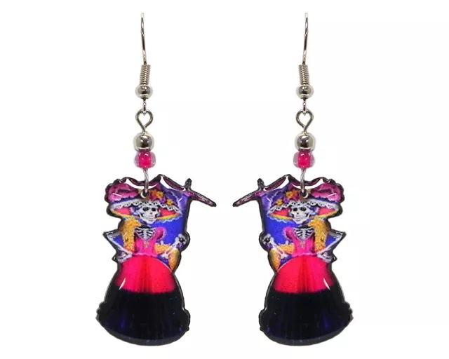 Day of the Dead Skeleton Graphic Earrings Dia de los Muertos Jewelry Hot Pink