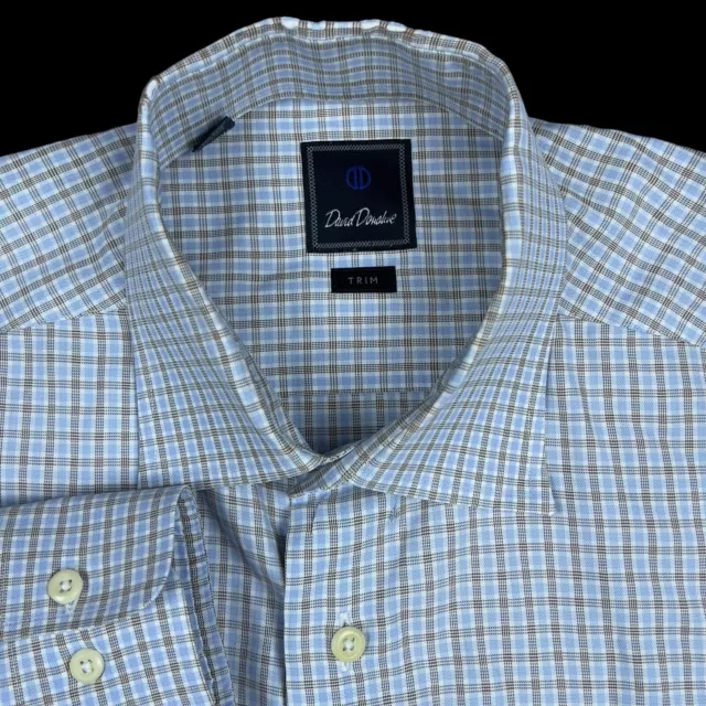 David Donahue Trim Fit Dress Shirt Size 16.5 34/35 Long Sleeve Button Up Plaid