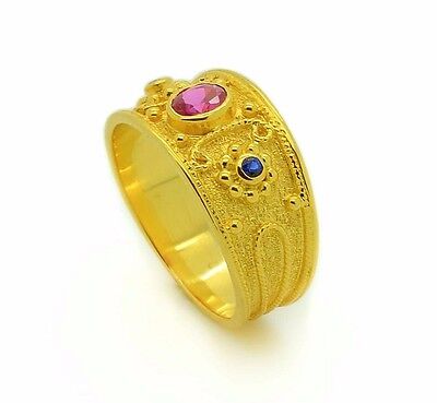Etruscan Ruby Ring Vintage Style Faceted CZ Yellow Gold Filled 925 Solid Silver