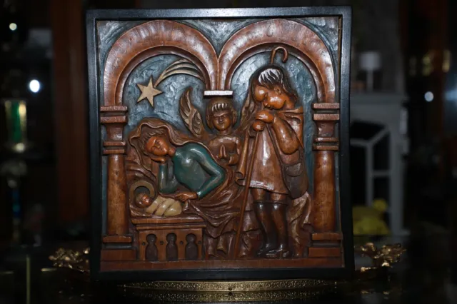 Hand Carved relief wood wall panel Holy Family Nativity  11x11