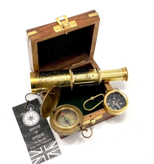 Nautical Gift Set Brass Compass, Compass Key Ring & Engraved Telescope