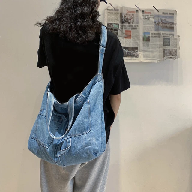 Large Capacity Denim Crossbody Bag Zipper Closure Travel Tote Satchel Purse -