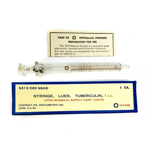 Vietnam Era 6515-282-9600 Hypo BV 431 Tuberculin Luer Syringe 1 cc - Dated 1962
