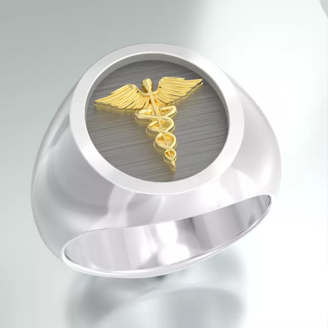 Two Tone 14k Gold and Silver Medical Symbol Caduceus Solid Ring