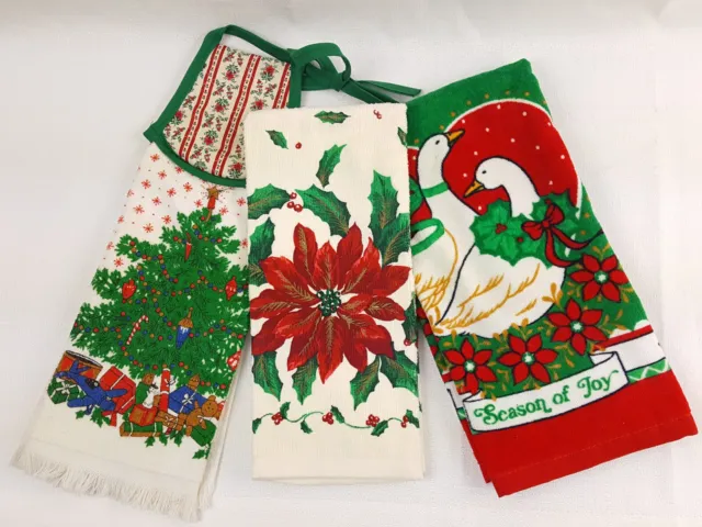 Lot of 3 Vintage Christmas New Unused Kitchen Towel Tree Poinsettia Geese