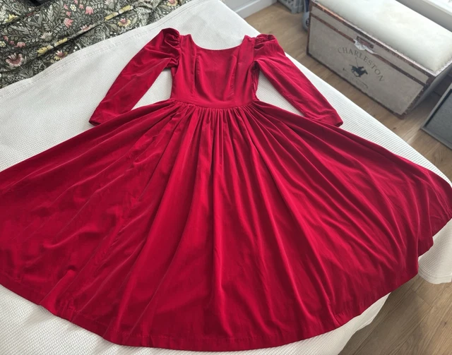 open lace back dress Laura Ashley child's red velvet dress – The Frockery
