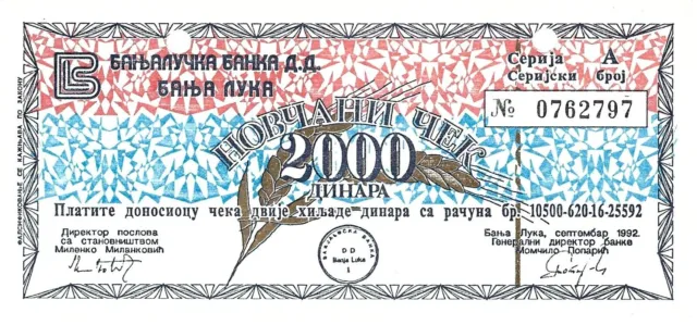 Jugoslawien Bargeld Scheck 2000 Dinara 1992 Militärgeld Bosnien & Herzegowina