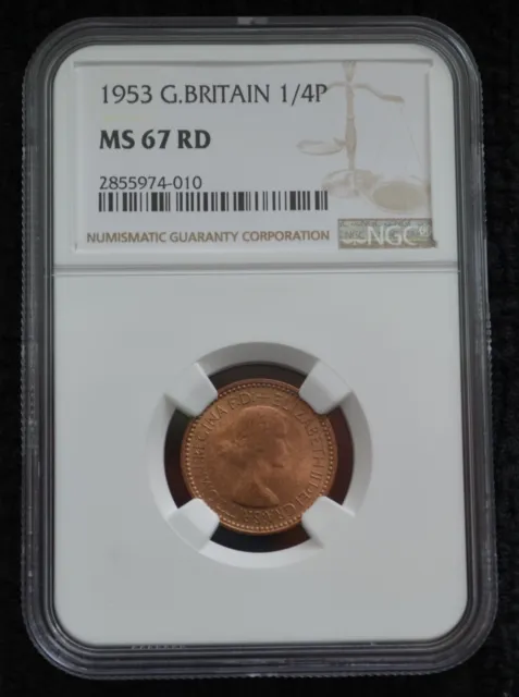 1953 Great Britain 1/4 Pence or Farthing Graded by NGC as MS 67 RD