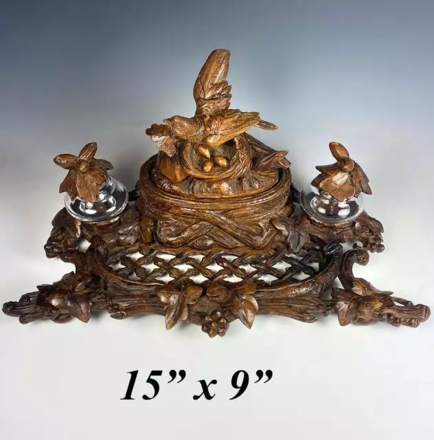 Swiss Black Forest Double Inkwell Desk Box Stand, Lattice Pen Tray, Bird & Nest