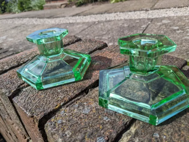 Stunning 1930s Art Deco  Pair of Candle Sticks Pressed Green Glass