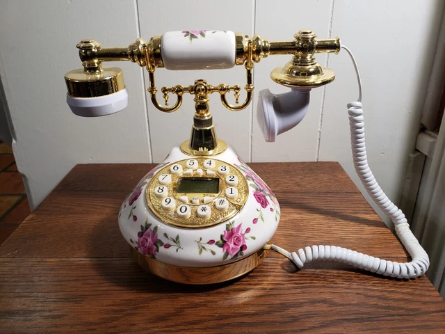 Teléfono fijo con cable retro antiguo década de 1960 - blanco/dorado/rosas/pulsador