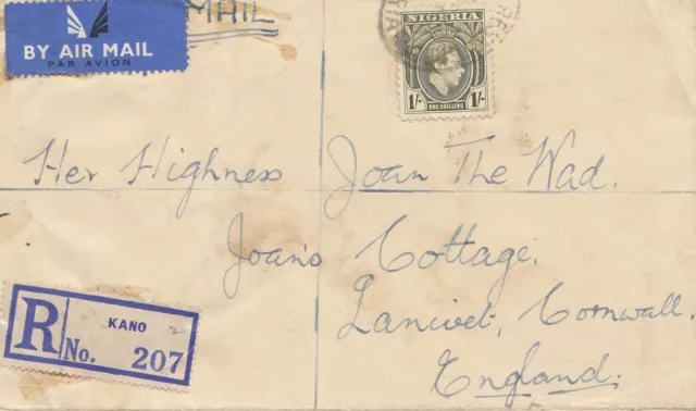 Nigeria: 1949 air Mail registered Kano to Cornwall